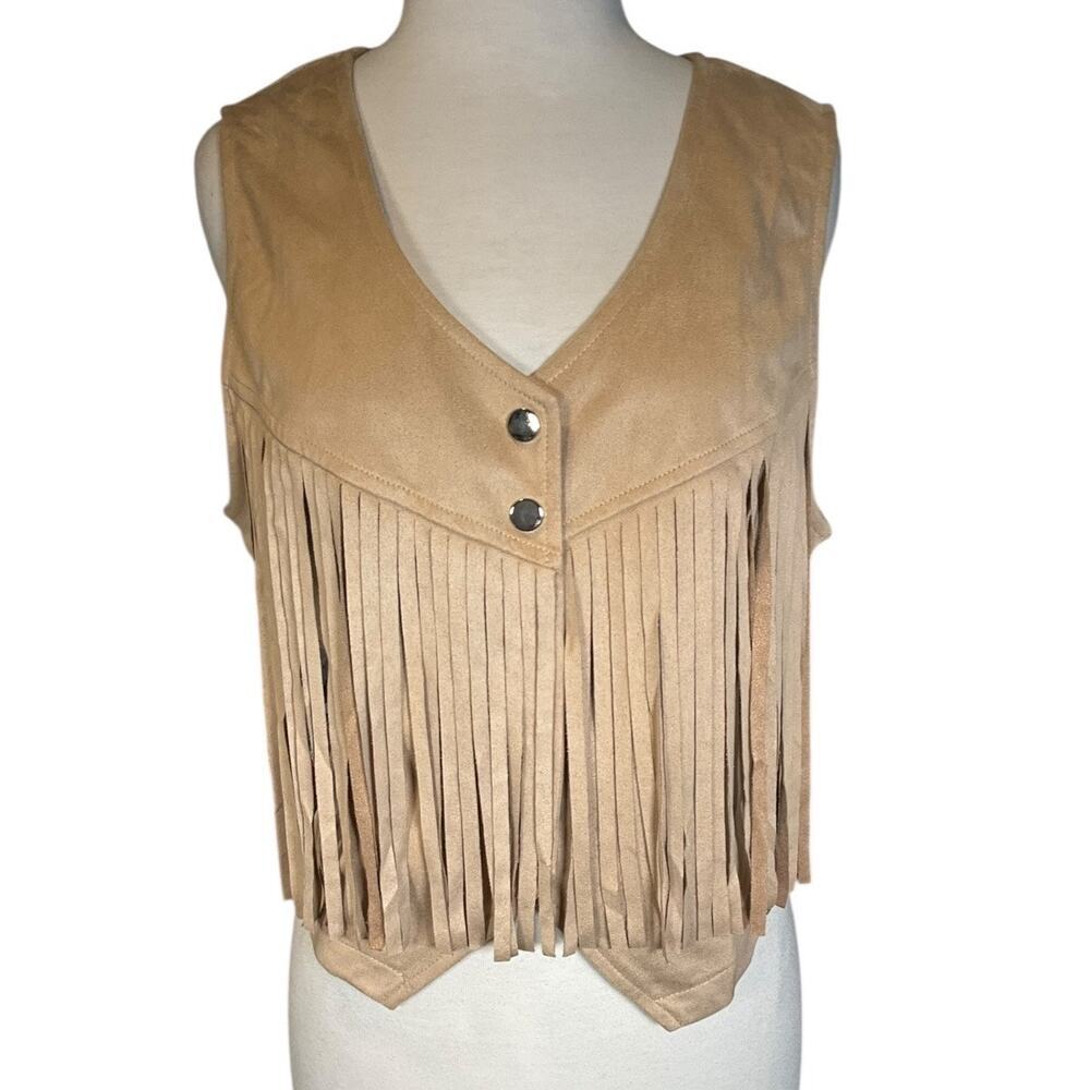 Boho Western Festival Snap Front Hotouch Faux Suede Fringe Vest Womens L Tan